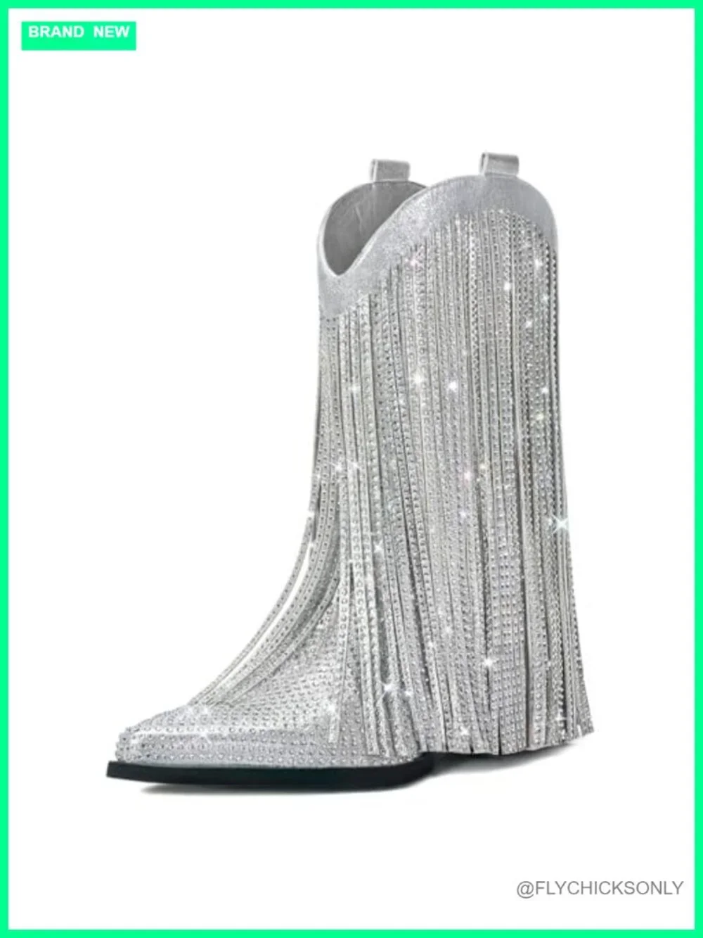 Mid Calf Cowboy Boots with Fringe and Rhinestones, Pointed Toe Chunky Heel,